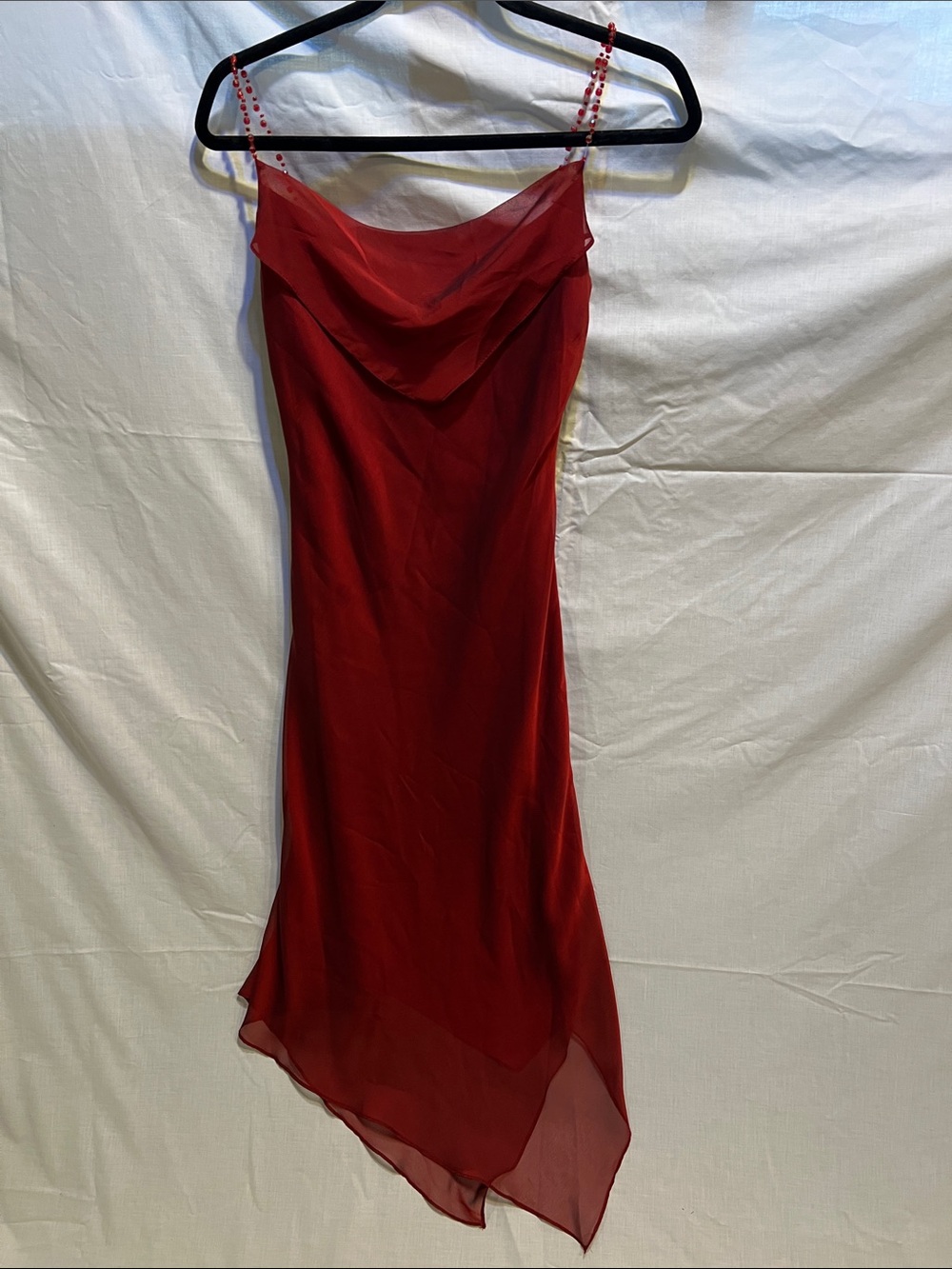 Red Asymmetrical Cowl Slip Skirt with Delicate Spaghetti Straps